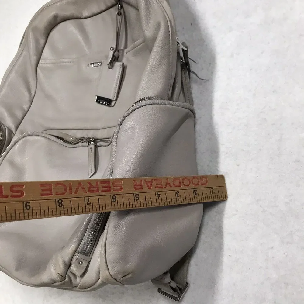 TUMI Voyageur Calais Laptop Backpack Leather Travel Gray Side Zip Padded Shoulde